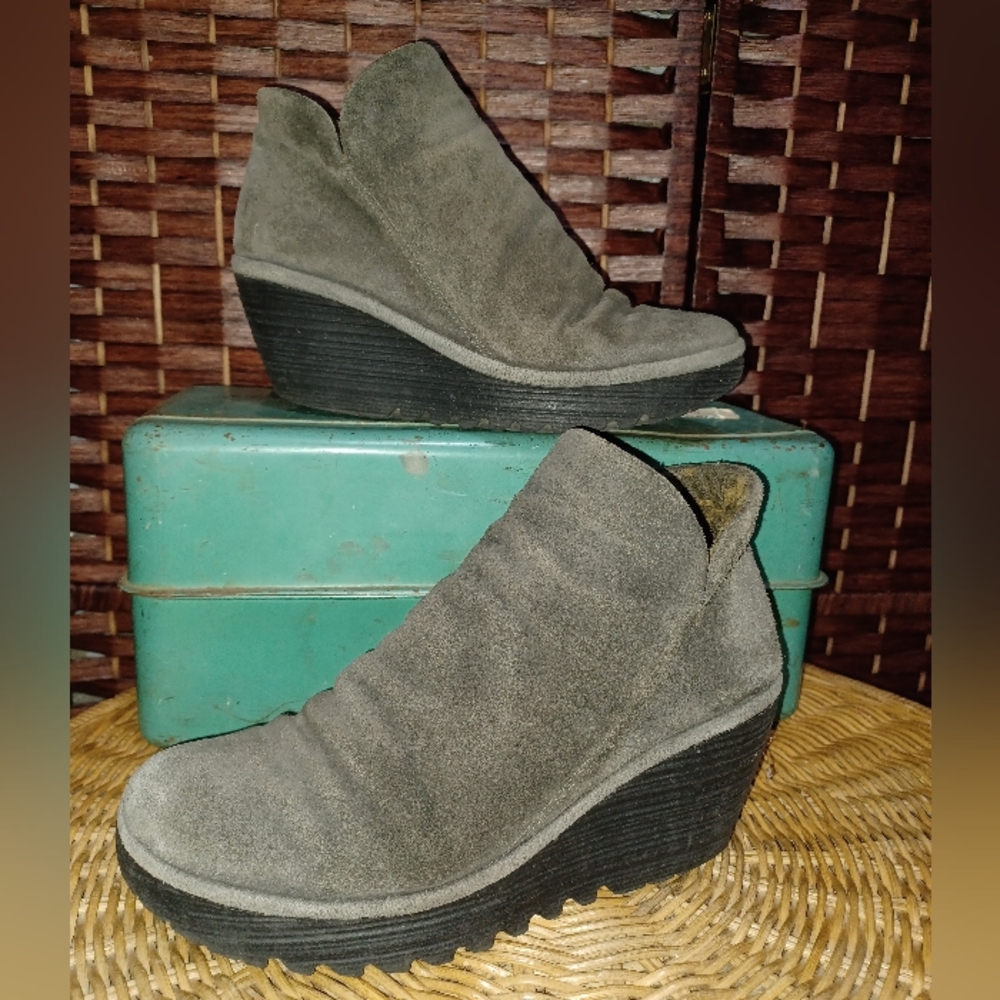 Fly London Olive Gray Suede Wedge Ankle Boot